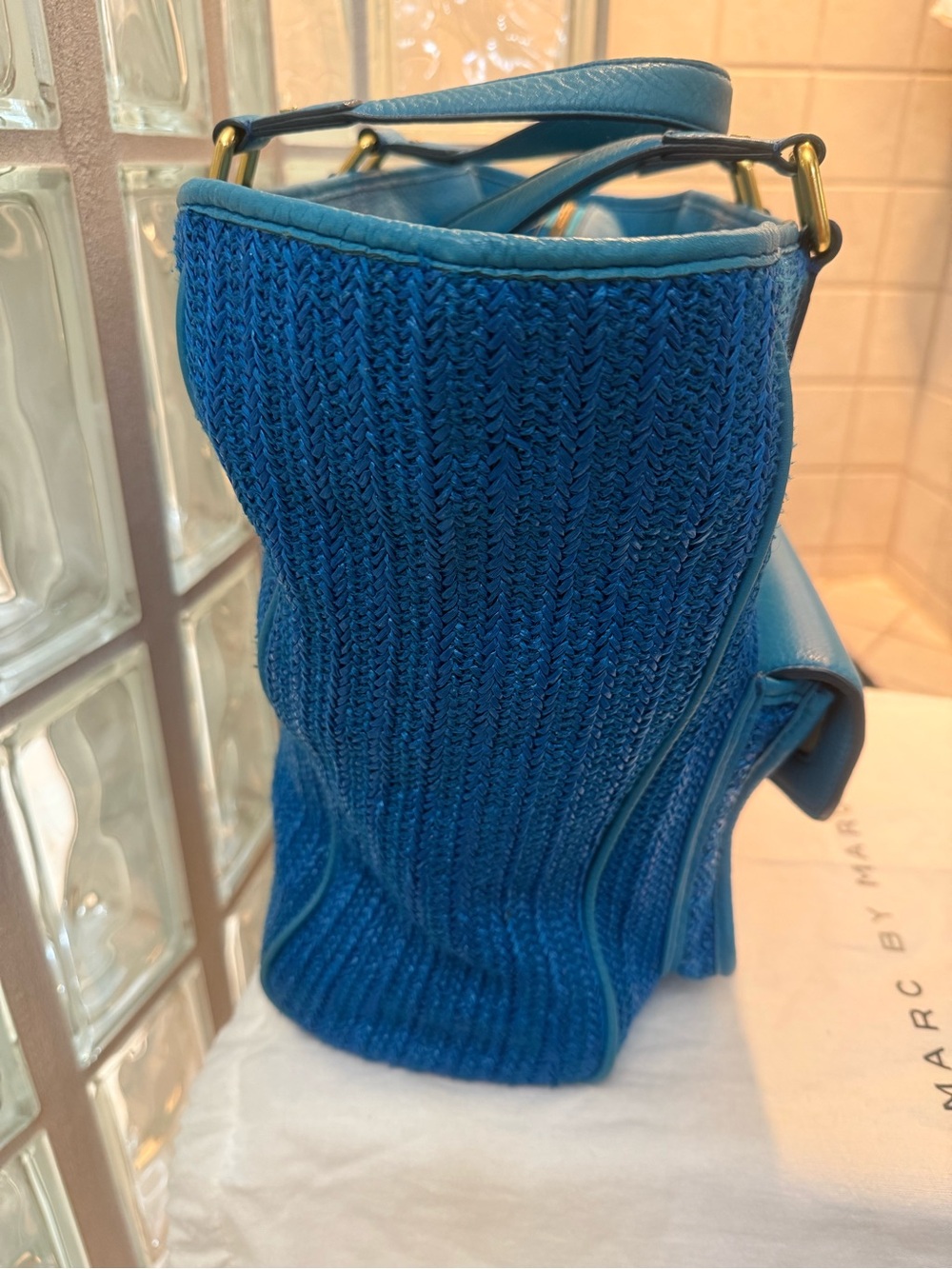 Marc by Marc Jacobs Hayley Straw/Leather Teal Blue Tote with Front Flap Pocket - Picture 7 of 17